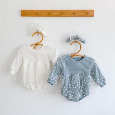 G1012029 Infant Baby Girl Clothes Cotton Ribbed Bodysuit For Newborns Toddler Kids Lace Solid Jumpsuit +headband 2pcs