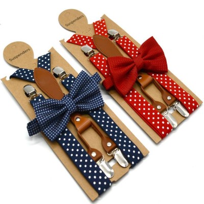 G107131 6colors Polka Dot Bow Tie Suspenders For Men Women 4 Clip Leather Suspensorio Adult Bowtie Braces For Trousers Navy Red